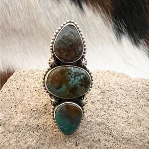❤️ Royston Turquoise 3 Stone Matte 925 Sterling Statement Navajo Adjustable Ring